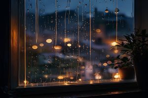 夜晚窗边雨滴滑落玻璃的特写，背景是温暖室内灯光，呼应asmr1雨声助眠系列的治愈氛围