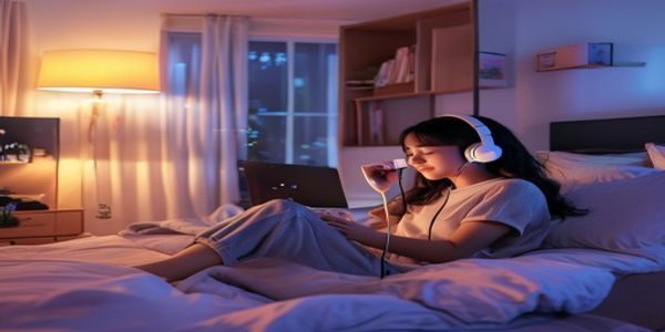 大学生在宿舍床铺上戴耳机收听asmr1助眠音频，台灯昏黄温暖，营造安心入睡的睡前氛围