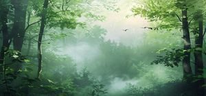 森林清晨薄雾中鸟鸣环境音的意境图，绿意盎然，对应asmr1自然环境沉浸音频的冥想场景