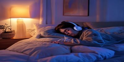 温暖卧室床头灯光下一个人蜷缩在被子里戴着耳机准备入睡，象征asmr1助眠音频的夜晚使用场景