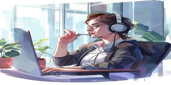 职场白领在办公室午休时戴着耳机收听asmr1减压音频，画面呈现出短暂逃离工作压力的放松状态