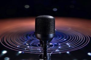 近景拍摄精致麦克风与声波纹路图案，代表asmr1高品质触发音频录制环境，专业感十足